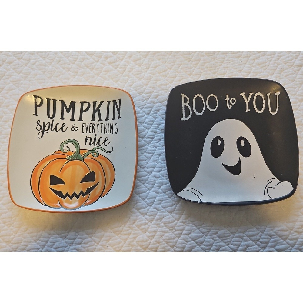 Eli + Ana Halloween Ceramic Appetizer Plates Set of 2 Pumpkin Ghost Square